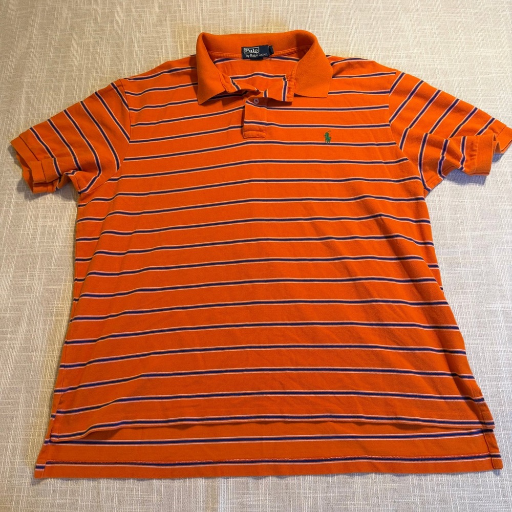 Polo Ralph Lauren Mens 2XB Big Orange Striped Short Sleeve Cotton Polo Shirt